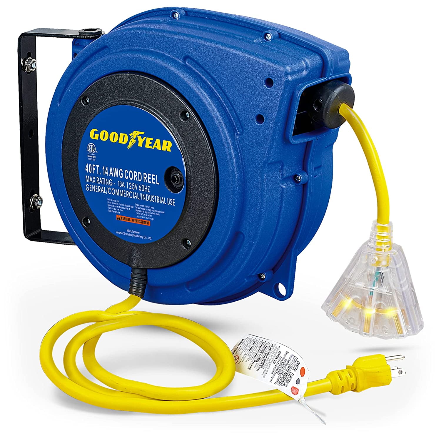 Goodyear Extension Cord Reel, 40 ft., 14AWG/3C SJTOW, Triple Tap with LED  Lighted Connector, Heavy Duty 