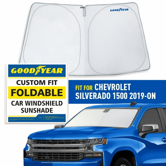 Goodyear Foldable Windshield Sun Shade for Chevrolet (Chevy) Silverado 1500 2019-2024, Custom-Fit Car Windshield Cover, Car Sunshade, Sun Protector, Auto Window Shades for Front Window - GY008220
