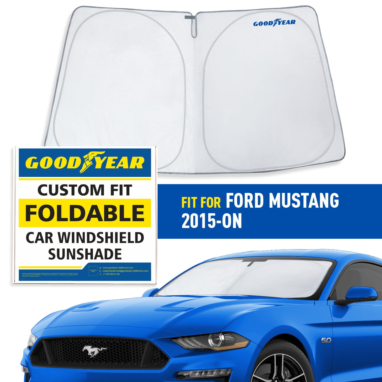 Goodyear Foldable Windshield Sun Shade for Ford Mustang 2015-2023, Custom-Fit Car Windshield Cover,Car Sunshade,UV Protection,Vehicle Sun Protector,Auto Car Window Shades for Front Window - GY008290 - image 1 of 7