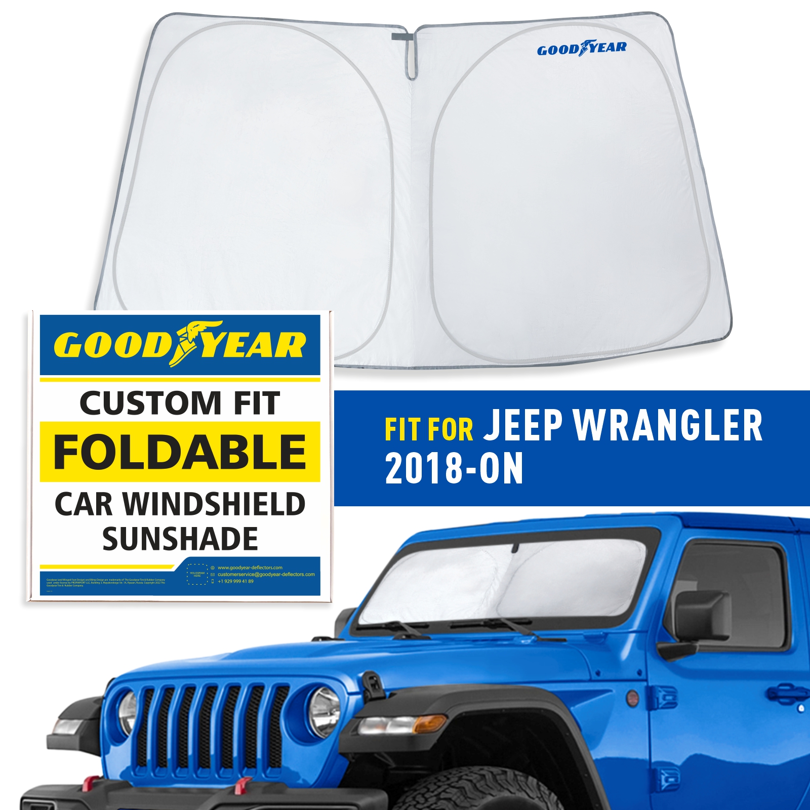 Goodyear Foldable Windshield Sun Shade for Jeep Wrangler 2018-2024, Custom-Fit Car Windshield Cover, Car Sunshade,UV Protection,Vehicle Sun Protector,Auto Car Window Shades for Front Window - GY008210 - image 1 of 7