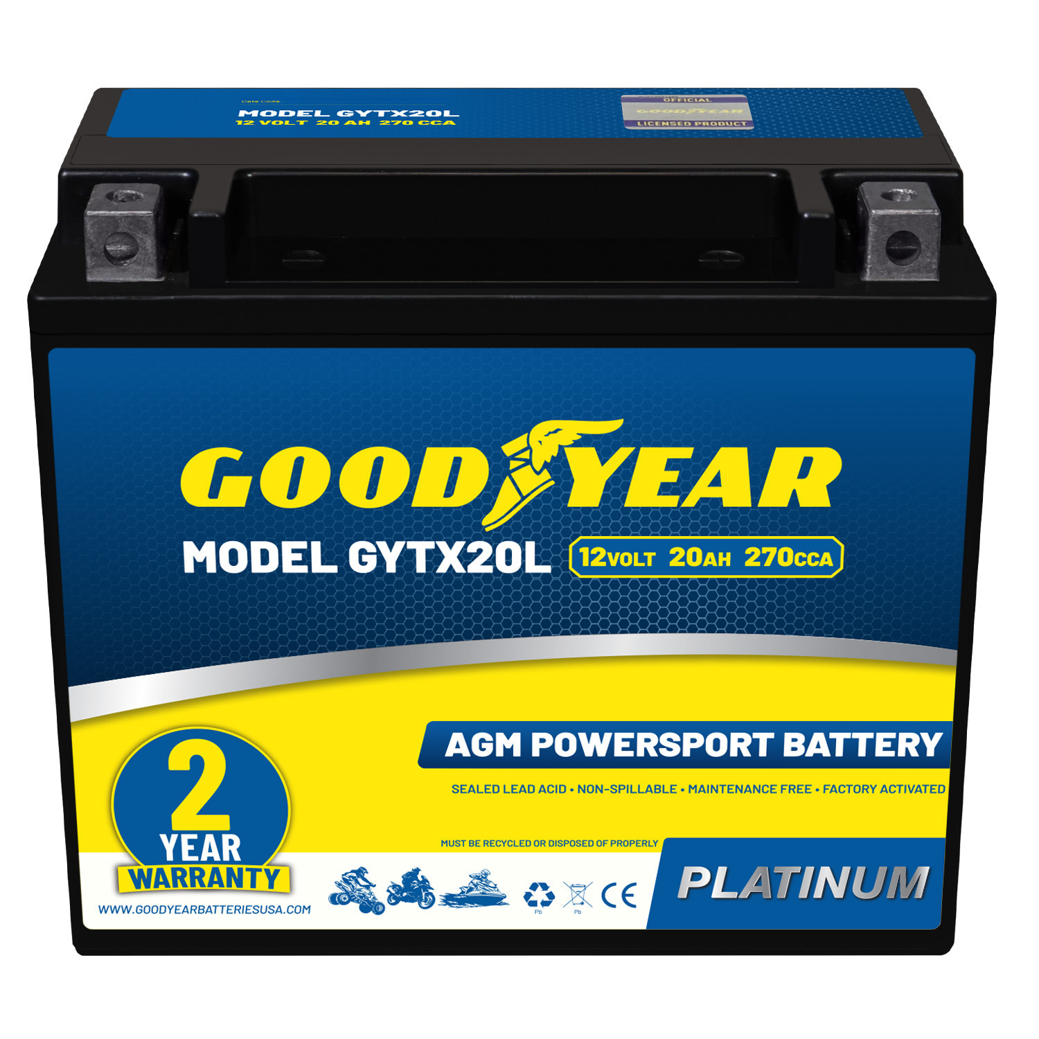 Goodyear GYTX20L - 12 Volt 20 AH, 270 CCA, Rechargeable High-Performance, Maintenance Free, SLA - AGM Battery for Motorcycle, ATV, UTV, Scooter, Snowmobile, Motorbike and more!