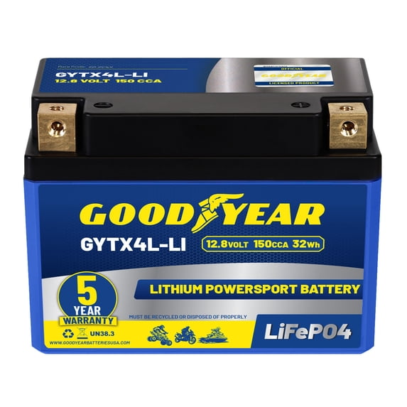 Goodyear GYTX4L-LI Lithium LiFePO4 12.8V 150CCA Rechargeable High Performance Powersport Battery with Smart BMS Replacement for Motorcycle, ATV, UTV, Scooter, Watercraft, Jet Ski, and Snowmobile