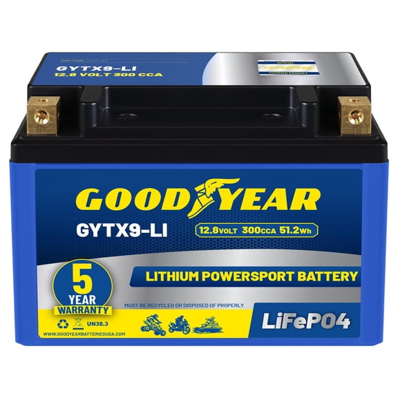 Goodyear GYTX9-LI Lithium LiFePO4 12.8V 300CCA Rechargeable High Performance Powersport Battery with Smart BMS Replacement for Motorcycle, ATV, UTV, Scooter, Watercraft, Jet Ski, and Snowmobile