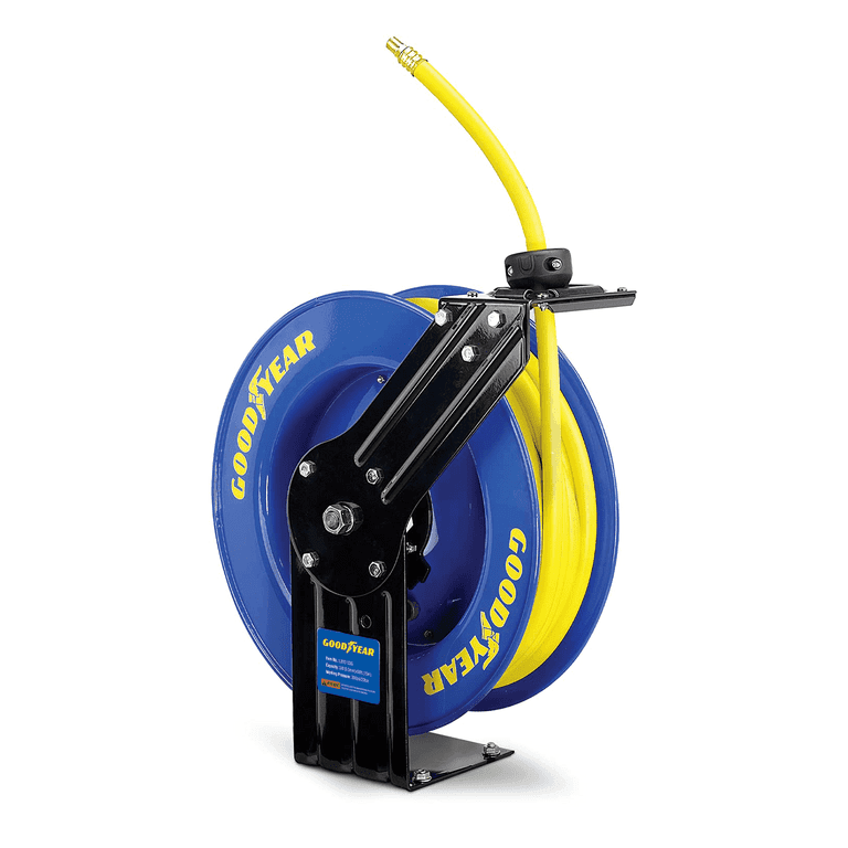 Goodyear Steel Retractable Air Compressor/Water Hose Reel with 3/8 in. x 25 ft. Rubber Hose, Max. 300PSI Goodyear Steel Retractable Air Compressor/Water Hose Reel with 3/8 in. x 25 ft. Rubber Hose, Max. 300PSI