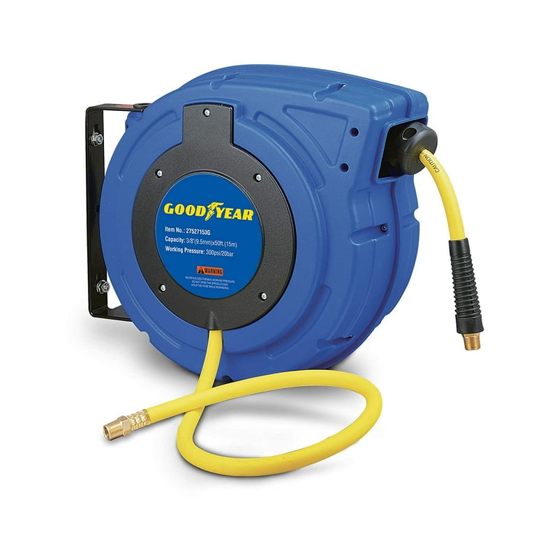 Goodyear Mountable Retractable Air Hose Reel - 3/8 x 50' Ft, 3' Ft Lead-In  Hose, 1/4 NPT Connections