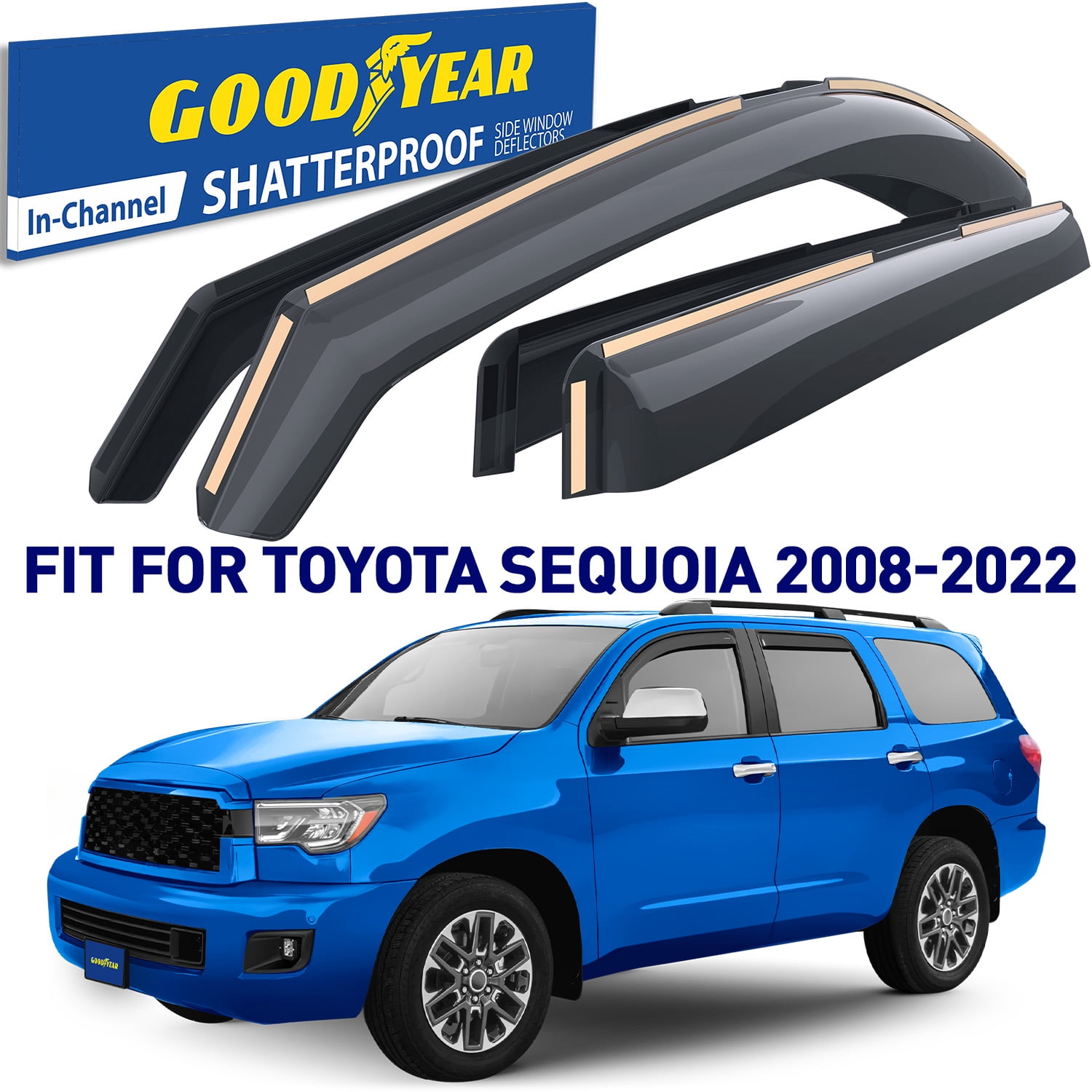 Goodyear Shatterproof In-Channel Window Deflectors for Toyota Sequoia 2008-2022, Rain Guards, Window Visors for Cars, Vent Deflector, Car Accessories, 4 pcs - GY007976