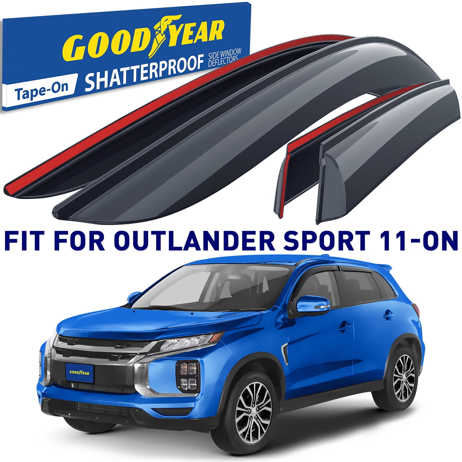 Goodyear Shatterproof Side Window Deflectors for Mitsubishi Outlander Sport 2011-2026, Tape-on Rain Guards, Window Visors for Cars, Vent Deflector, Vent Visor, Car Accessories, 4 pcs- GY003155