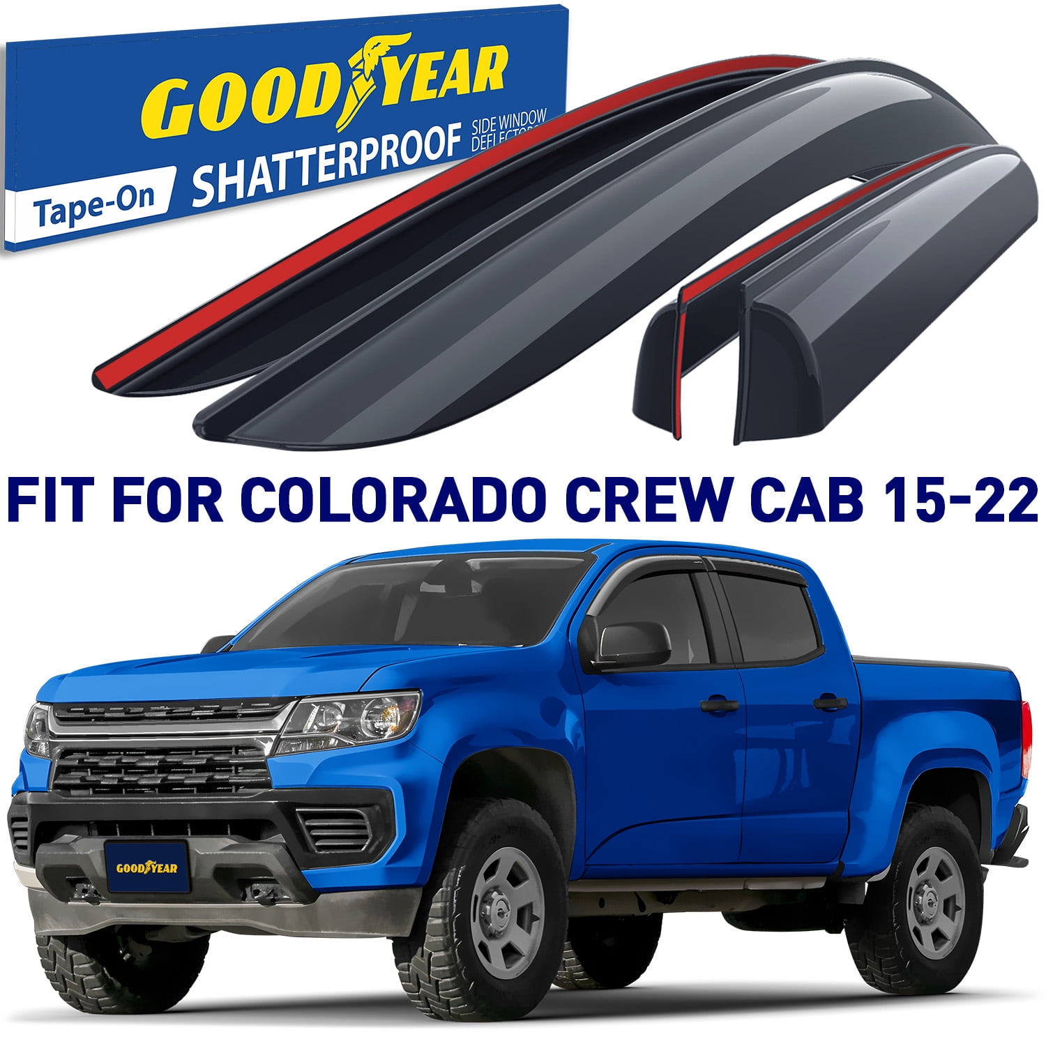 Goodyear Shatterproof Window Deflectors for Chevrolet (Chevy) Colorado/GMC Canyon 2015-2022 CrewCab, Tape-on Rain Guards, Window Visors, Vent Deflector Visor, Car Accessories, 4 pcs. - GY003244LP