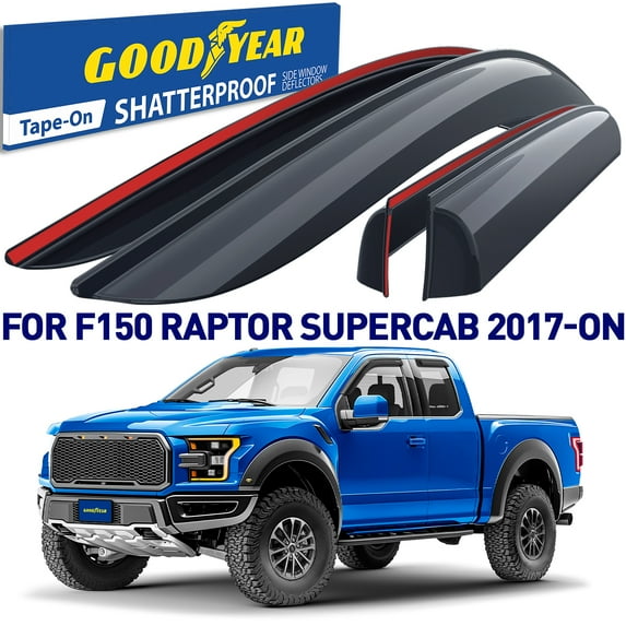 Goodyear Shatterproof Window Deflectors for Ford F150 Raptor 2017-2026 SuperCab, Tape-on Rain Guards, Window Visors,Vent Deflector Visor, Car Accessories,4 pcs. - GY008521