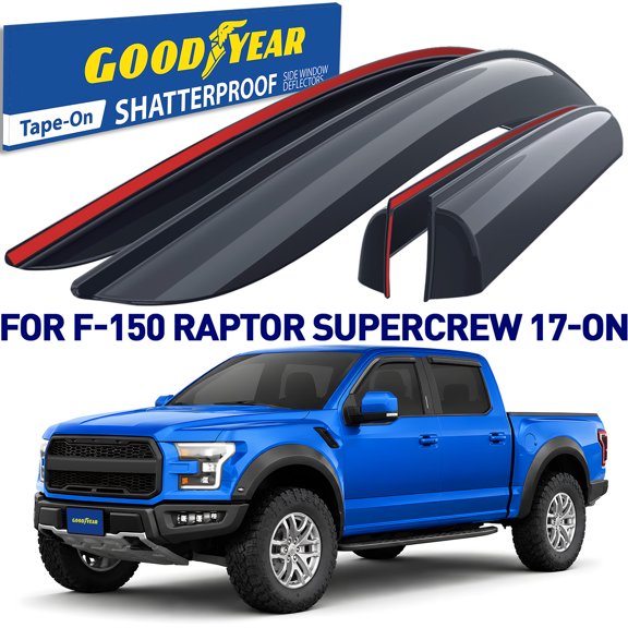 Goodyear Shatterproof Window Deflectors for Ford F150 Raptor 2017-2024 SuperCrew, Tape-on Rain Guards, Window Visors,Vent Deflector Visor, Car Accessories,4 pcs. - GY008519