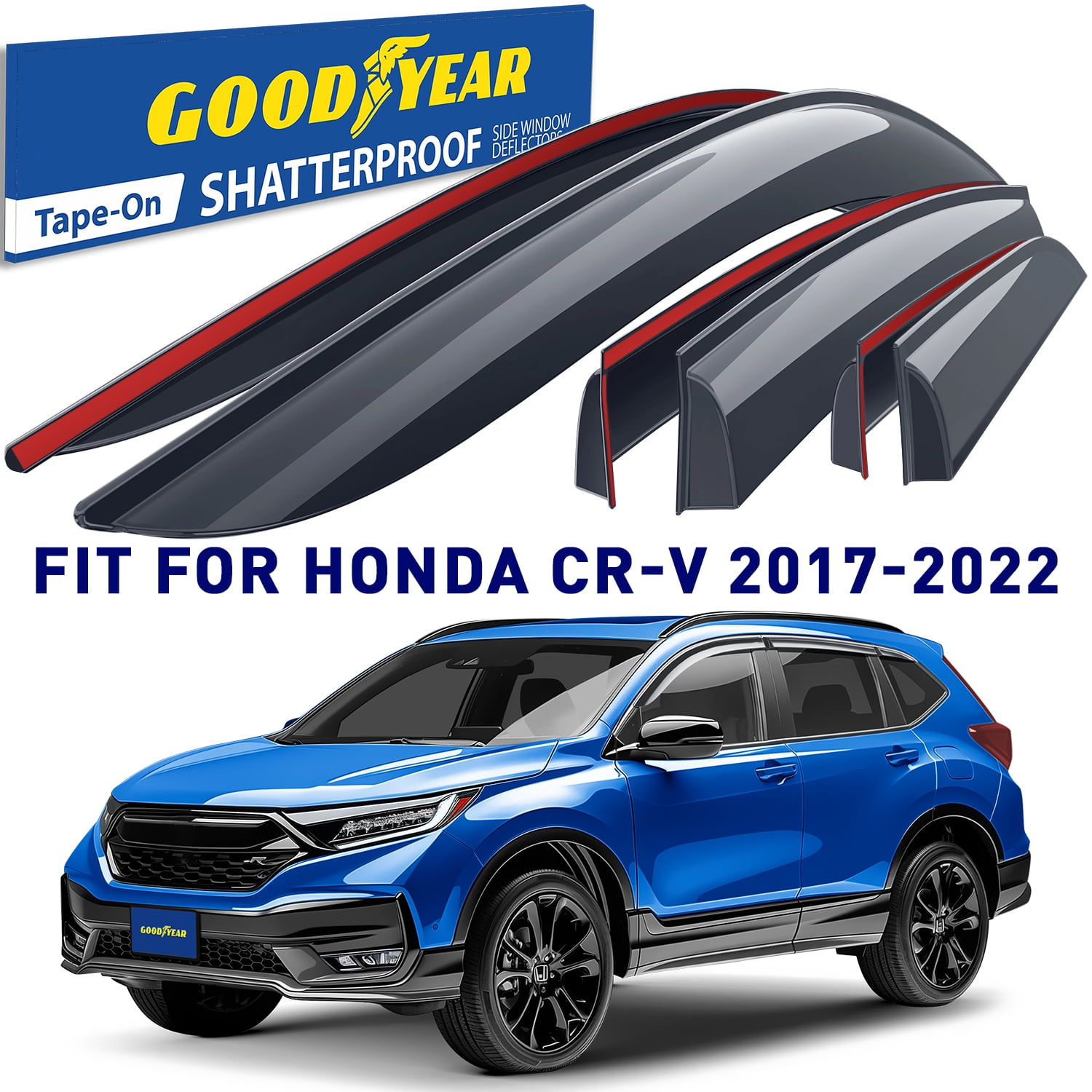 Goodyear Shatterproof Window Deflectors for Honda CR-V (CRV) 2017-2022, Tape-on Rain Guards, Window Visors, Vent Deflector Visor, Car Accessories, 6 pcs. - GY008888