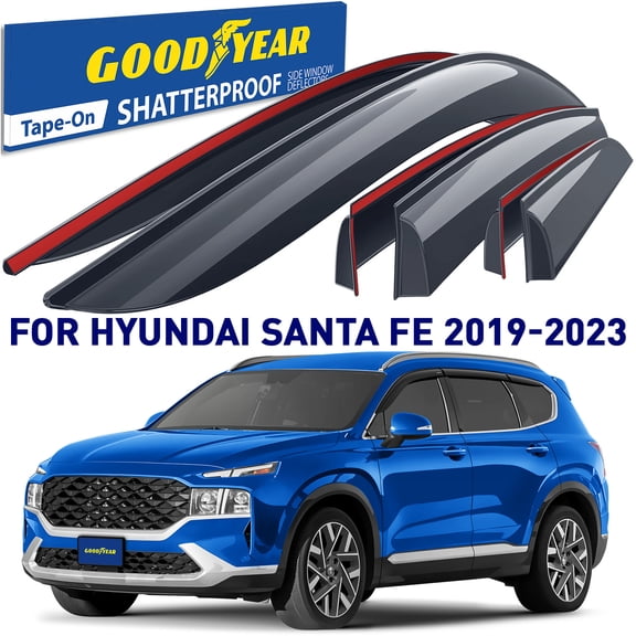 Goodyear Shatterproof Window Deflectors for Hyundai Santa Fe 2019-2023, Tape-on Rain Guards, Window Visors, Vent Deflector Visor, Car Accessories, 6 pcs. - GY008792