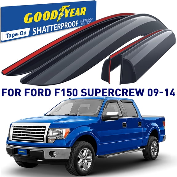 Goodyear Shatterproof Window Deflectors for Trucks Ford F150 2009-2014 SuperCrew, Tape-on Rain Guards, Window Visors, Vent Deflector, Vent Visor, Truck Accessories, 4 pcs- GY003110