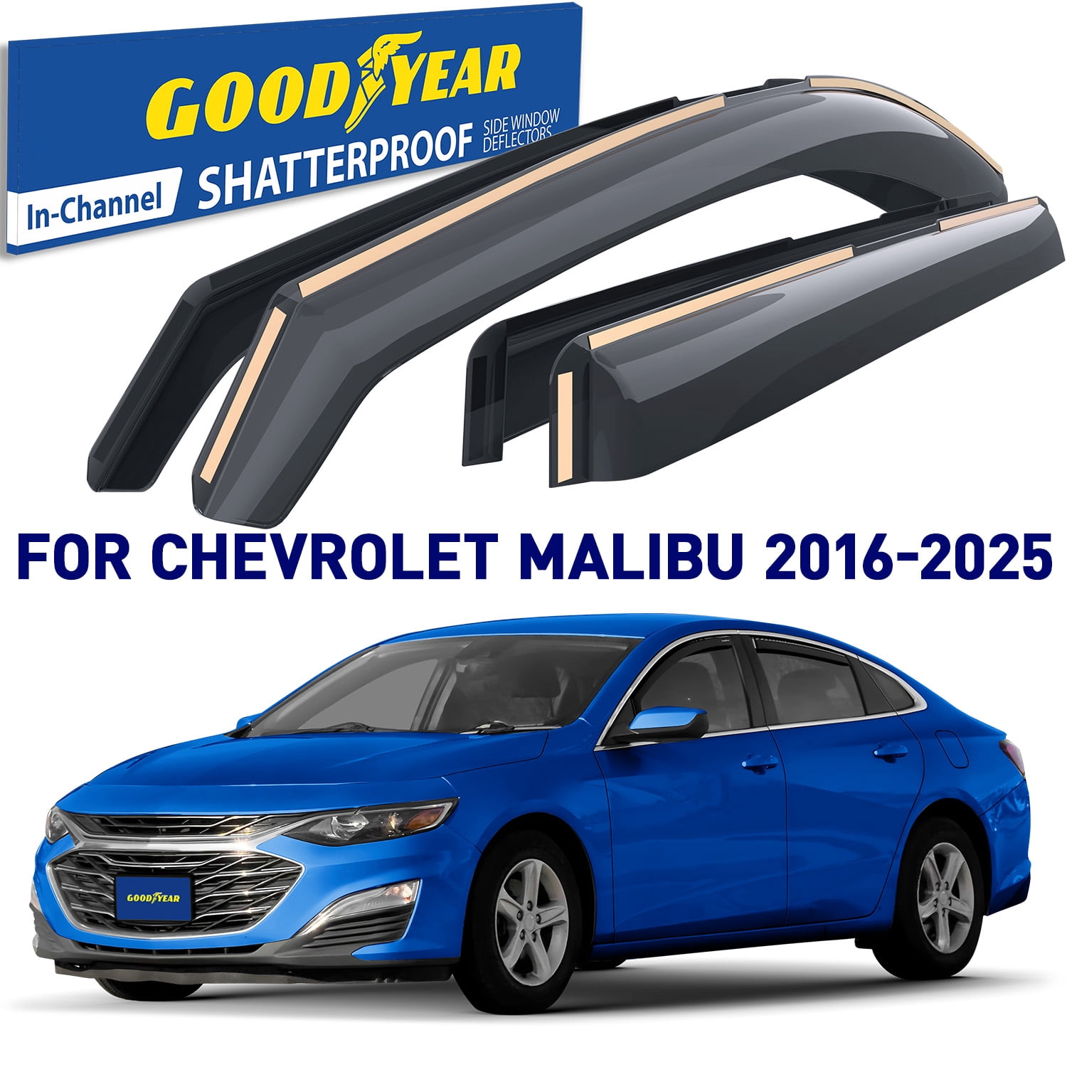 Goodyear Shatterproof In-Channel Window Deflectors for Chevrolet (Chevy) Malibu 2016-2025, Rain Guards, Window Visors for Cars, Vent Deflector, Car Accessories, 4 pcs - GY003478