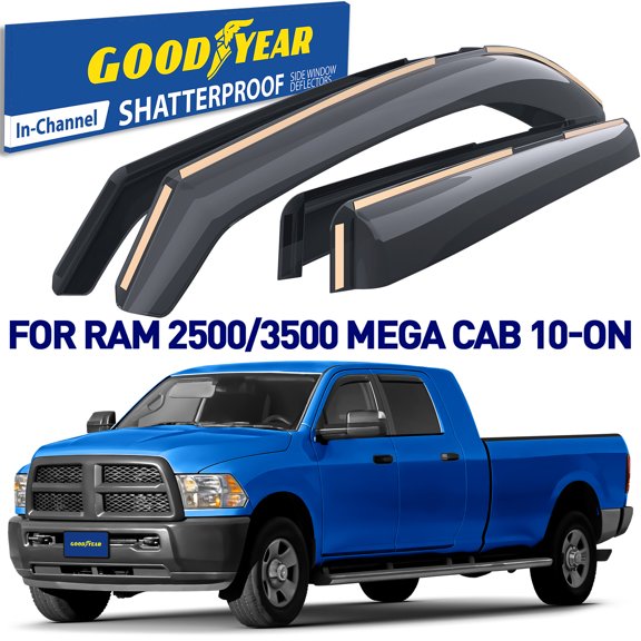 Goodyear Shatterproof In-Channel Window Deflectors for Dodge Ram 2500/3500 2010-2026 Mega Cab, Rain Guards, Window Visors for Cars, Vent Deflector, Car Accessories, 4 pcs - GY007728