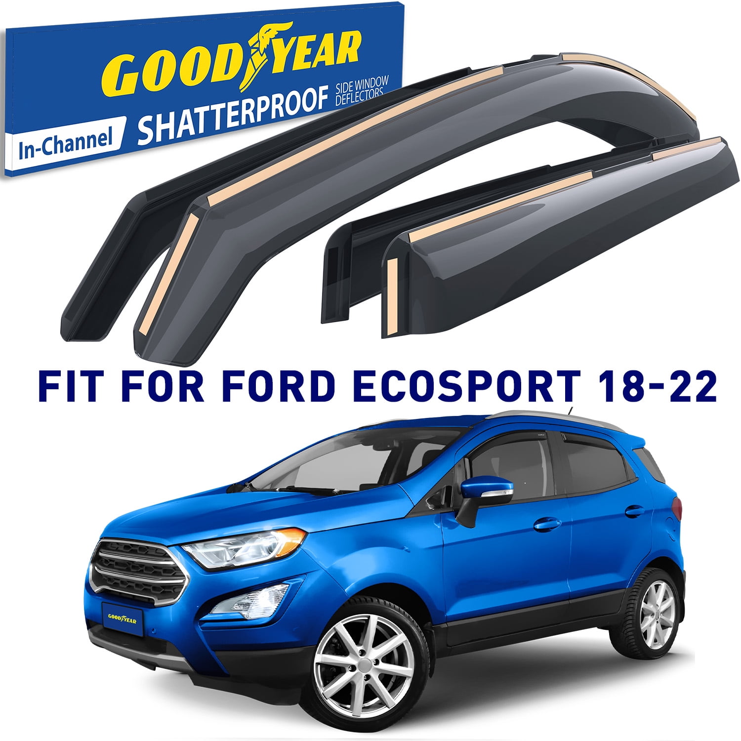 Goodyear Shatterproof in-Channel Window Deflectors for Ford EcoSport 2018-2022, Rain Guards, Window Visors for Cars, Vent Deflector, Car Accessories, 4 pcs - GY008442
