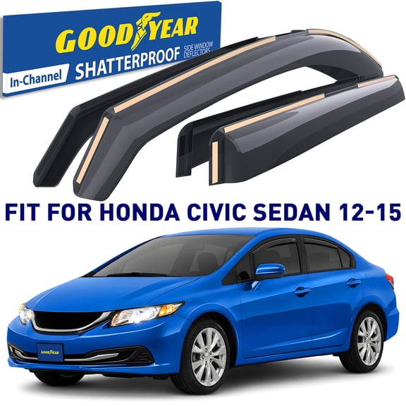 Goodyear Shatterproof in-Channel Window Deflectors for Honda Civic 2012-2015 Sedan, Rain Guards, Window Visors for Cars, Vent Deflector, Car Accessories, 4 pcs - GY007996