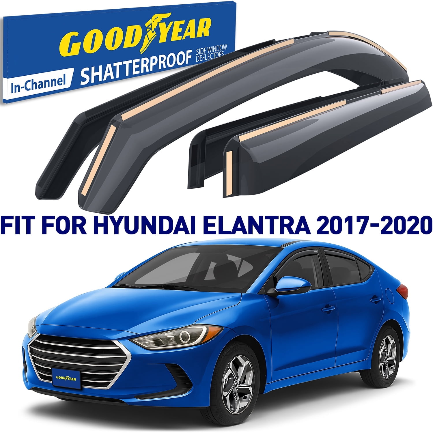 Goodyear Shatterproof in-Channel Window Deflectors for Hyundai Elantra 2017-2020, Rain Guards, Window Visors for Cars, Vent Deflector, Car Accessories, 4 pcs - GY003459LP