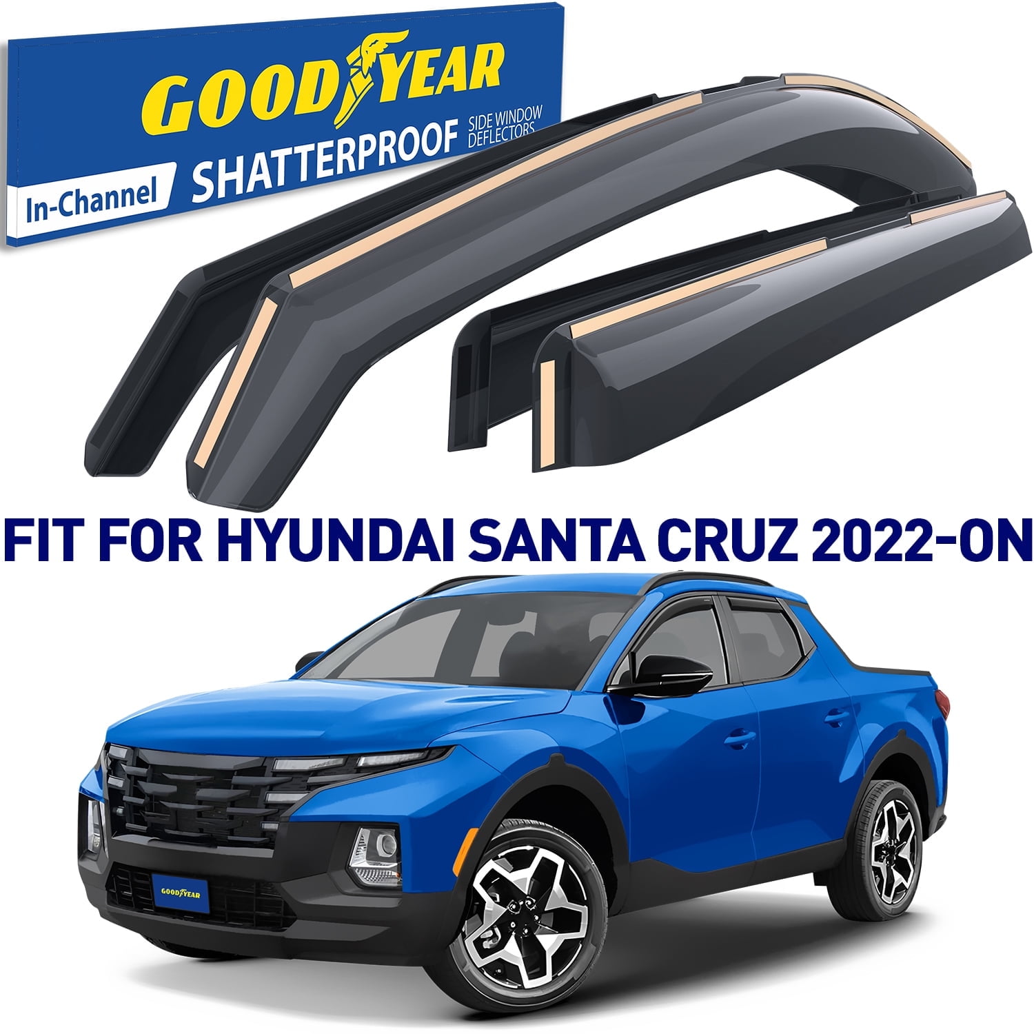 Goodyear Shatterproof in-Channel Window Deflectors for Hyundai Santa Cruz 2022-2026, Rain Guards, Window Visors for Cars, Vent Deflector, Car Accessories, 4 pcs - GY007896