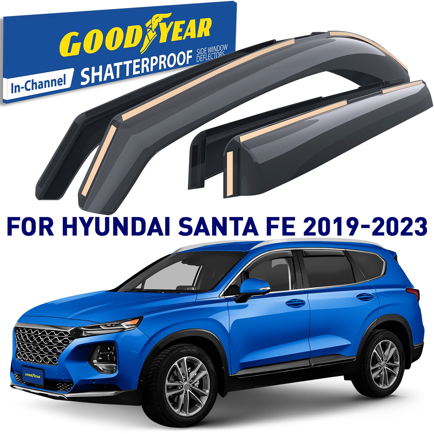 Goodyear Shatterproof in-Channel Window Deflectors for Hyundai Santa Fe 2019-2023, Rain Guards, Window Visors for Cars, Vent Deflector, Car Accessories, 4 pcs - GY008071