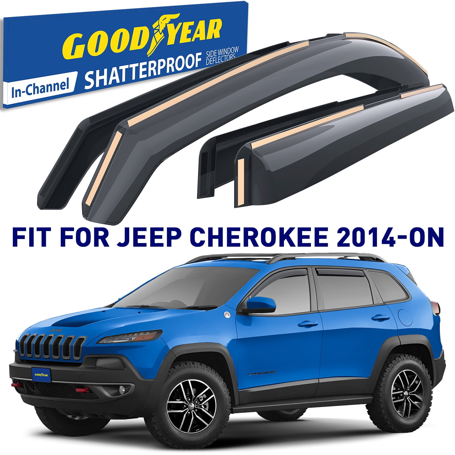 Goodyear Shatterproof in Channel Window Deflectors for Jeep Cherokee 2014 2024 Window Visors for Cars Car Accessories Rain Guards Vent Deflector
