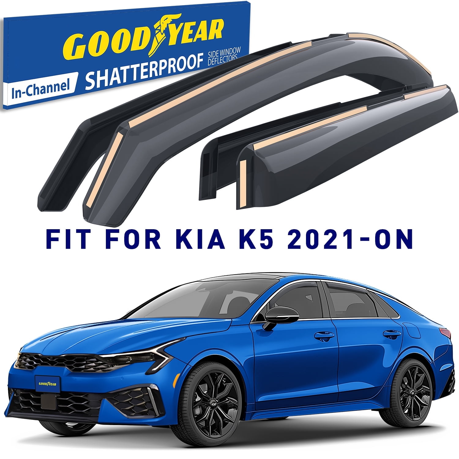 Goodyear Shatterproof In-Channel Window Deflectors for Kia K-5/K5 2021-2026, Rain Guards, Window Visors for Cars, Vent Deflector, Car Accessories, 4 pcs - GY008024