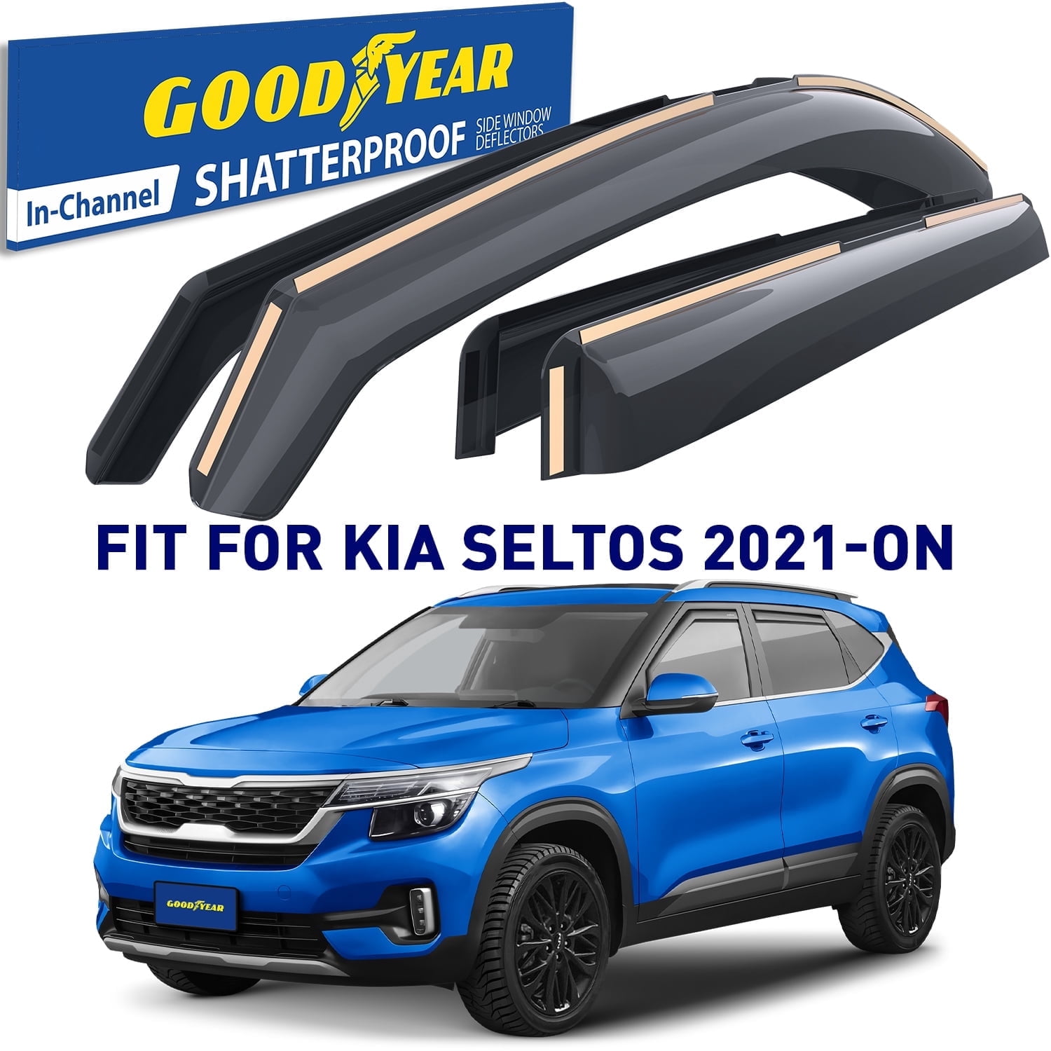 Goodyear Shatterproof in-Channel Window Deflectors for Kia Seltos 2021-2025, Rain Guards, Window Visors for Cars, Vent Deflector, Car Accessories, 4 pcs - GY007951