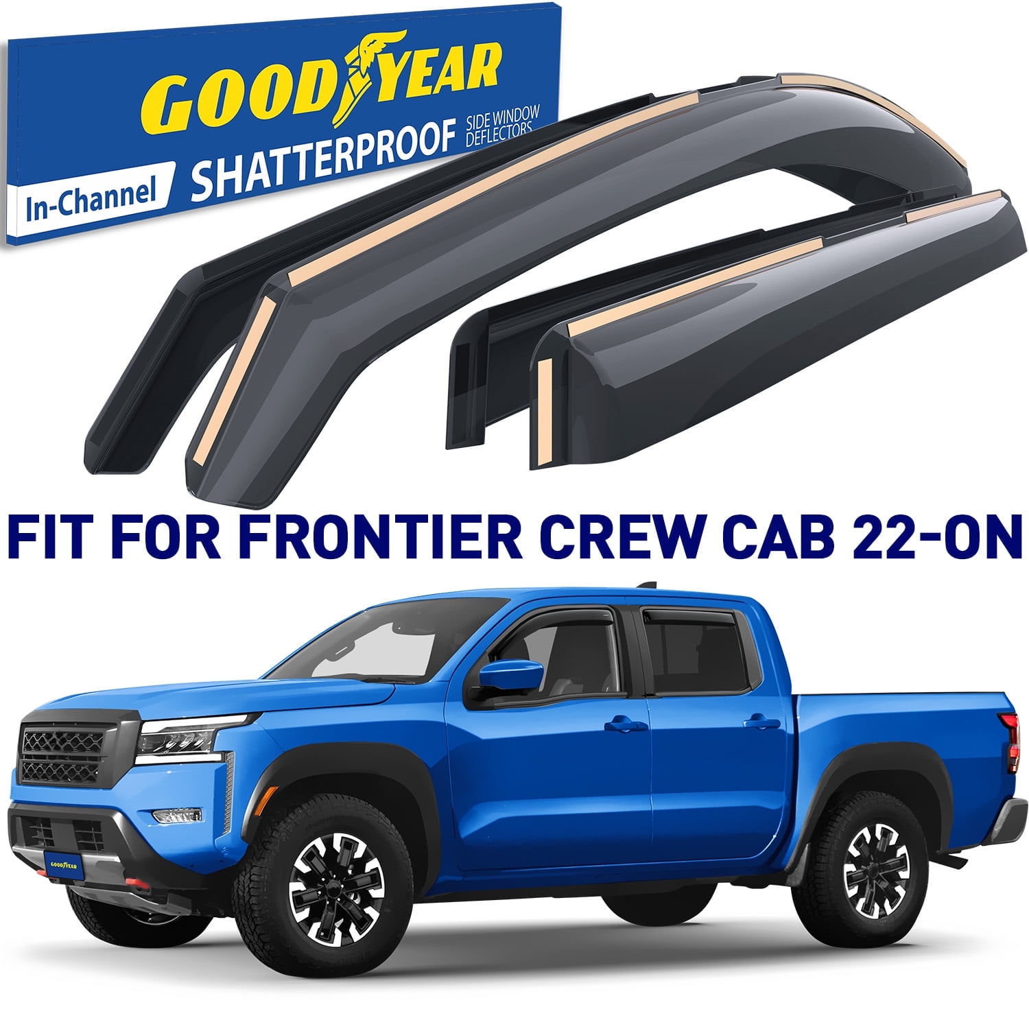 Goodyear Shatterproof in-Channel Window Deflectors for Nissan Frontier 2022-2025 Crew Cab, Rain Guards, Window Visors for Cars, Vent Deflector, Car Accessories, 4 pcs - GY007865