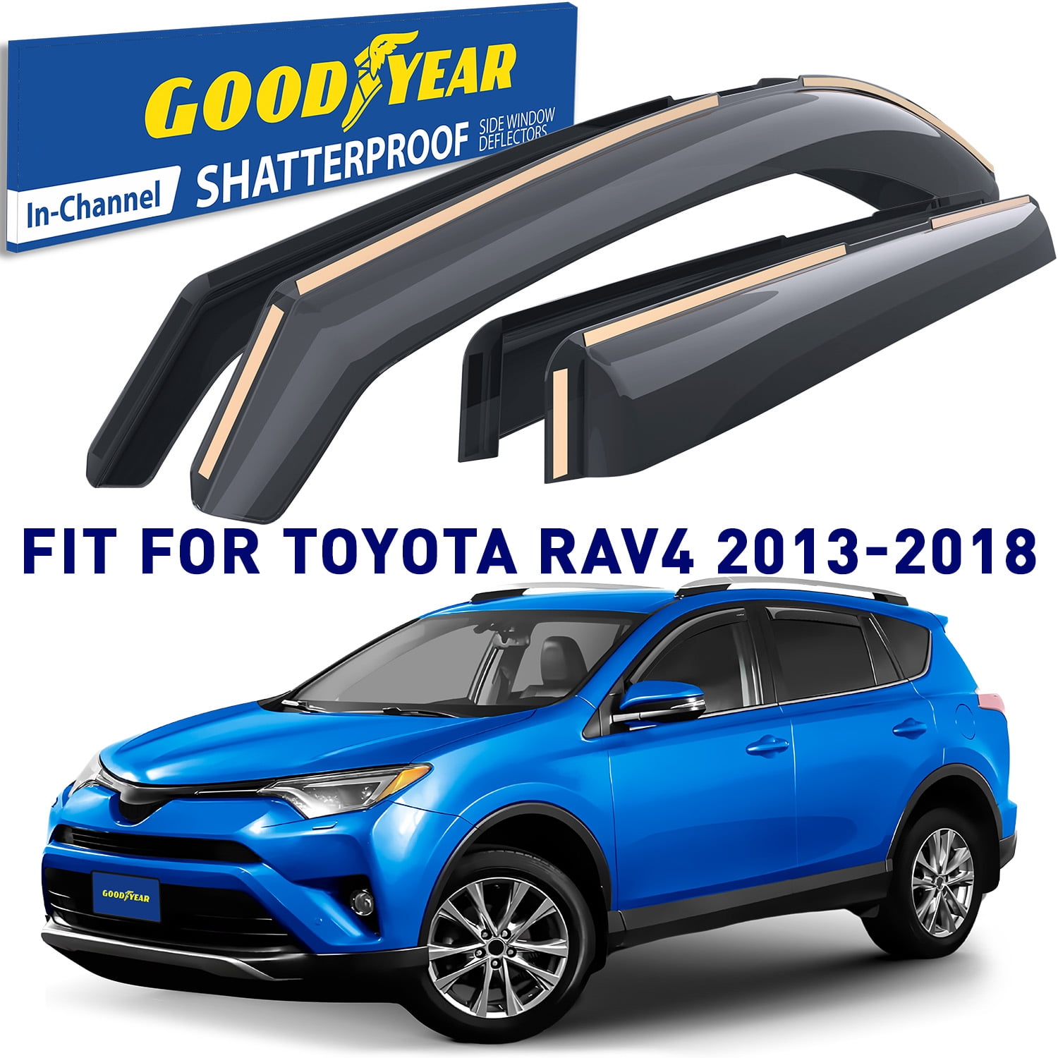 Goodyear Shatterproof In-Channel Window Deflectors for Toyota RAV4 2013-2018, Rain Guards, Window Visors for Cars, Vent Deflector, Car Accessories, 4 pcs - GY003486