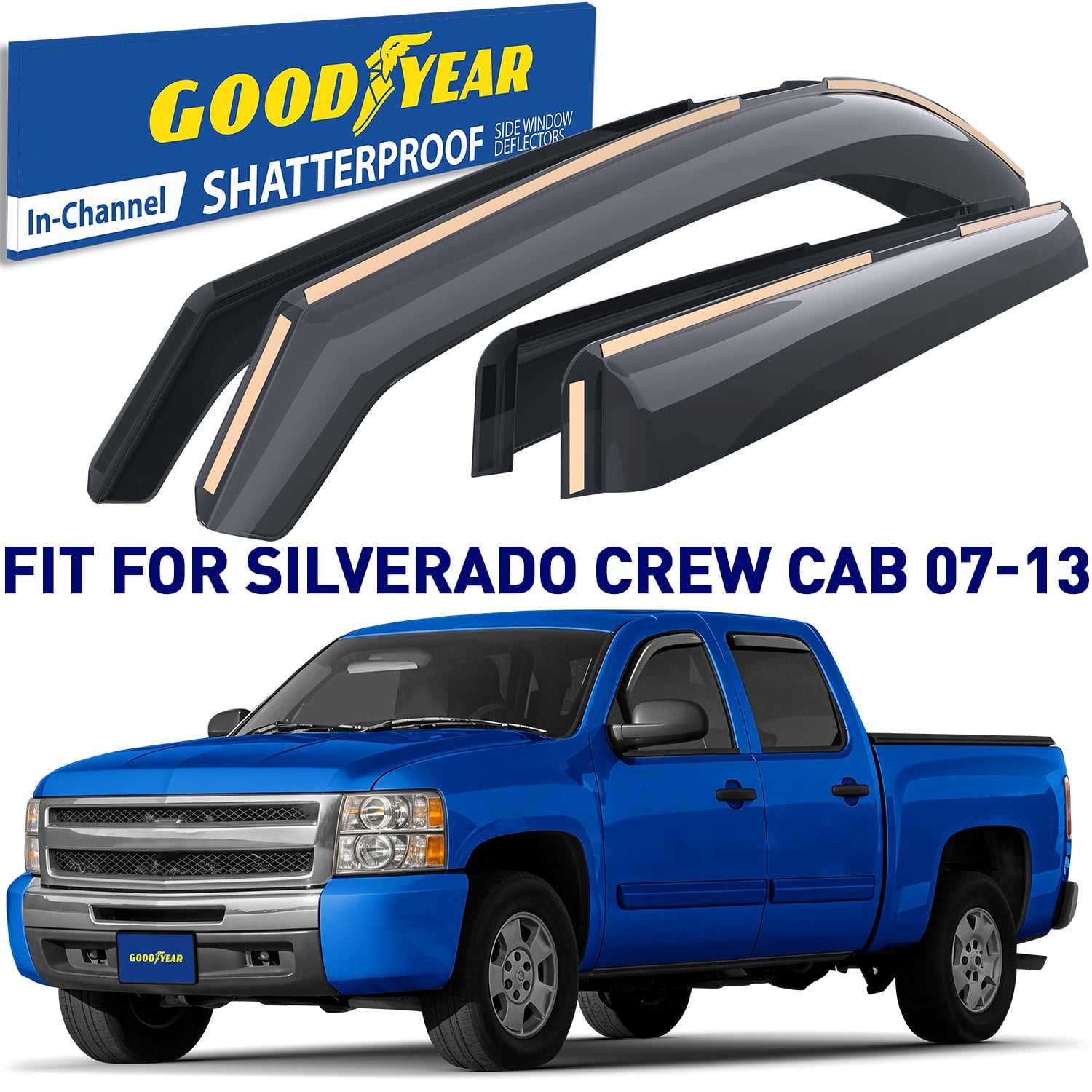 Goodyear Shatterproof in-Channel Window Deflectors for Trucks Chevrolet (Chevy) Silverado/GMC Sierra 2007-2013 Crew Cab, Rain Guards, Window Visors, Vent Deflector, Truck Accessories, 4 pcs.-GY003400