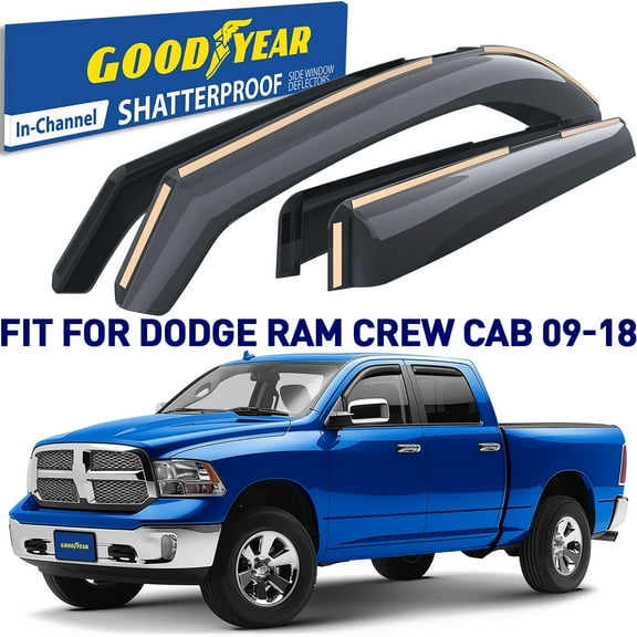 Goodyear Shatterproof in-Channel Window Deflectors for Trucks Dodge RAM 2009-2018 Crew Cab Truck 1500 2500 3500, Rain Guards, Window Visor, Vent Deflector, Accessories 4 Pieces  GY003404