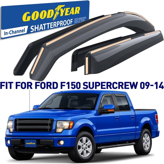 Goodyear Shatterproof in-Channel Window Deflectors for Trucks Ford F-150 2009-2014 SuperCrew, Rain Guards, Window Visors for Cars, Vent Deflector, Truck Accessories, 4 pcs- GY003405LP