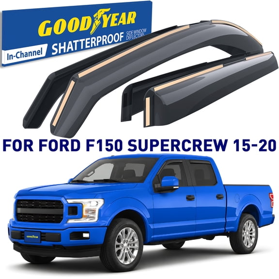 Goodyear Shatterproof In-Channel Window Deflectors for Ford F150 2015-2020 SuperCrew, Rain Guards, Window Visors, Vent Deflector, Truck Accessories, 4 pcs- GY003407