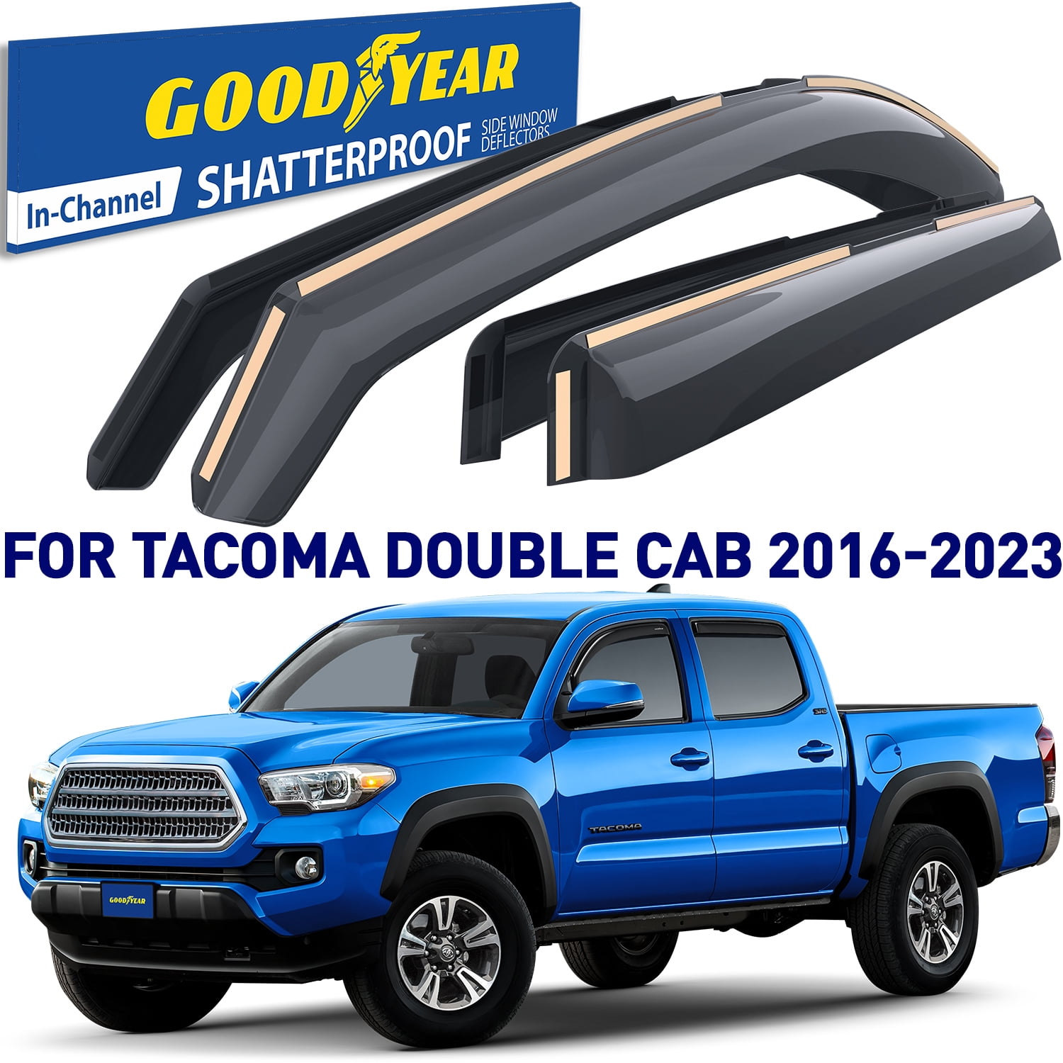 Goodyear Shatterproof in-Channel Window Deflectors for Trucks Toyota Tacoma  2016-2023 Double Cab, Rain Guards, Window Visors, Vent Deflector, Truck