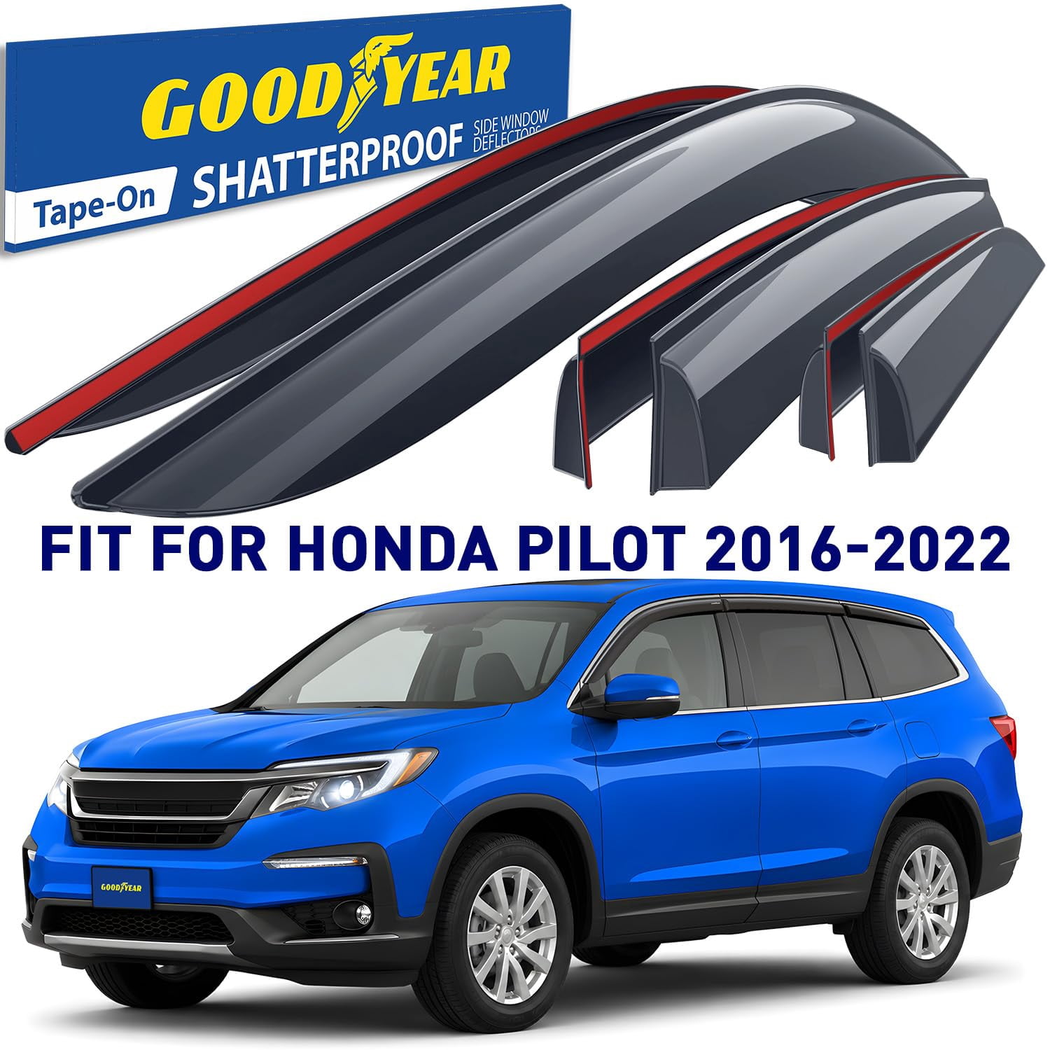 Goodyear Side Window Deflectors for Honda Pilot 2016-2022, Tape-On Rain Guards and Vent Visors, 6-Piece Set with Bonus License Plate Frames, GY008679