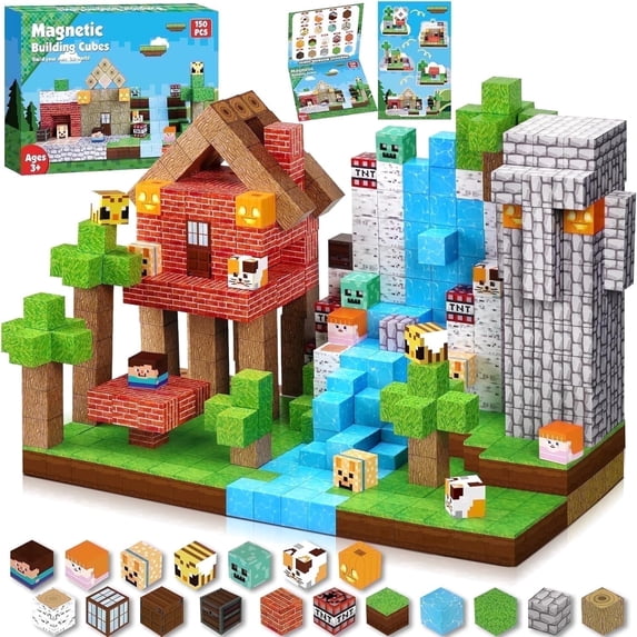 150PCS Magnetic Blocks - Magnetic Building Blocks, Magnet Cubes Toys Stacking, Build Forest World Set, STEM Montessori Sensory Toys for Kids Boys Girls Ages 3-5 6-8 Easter Birthday Gifts