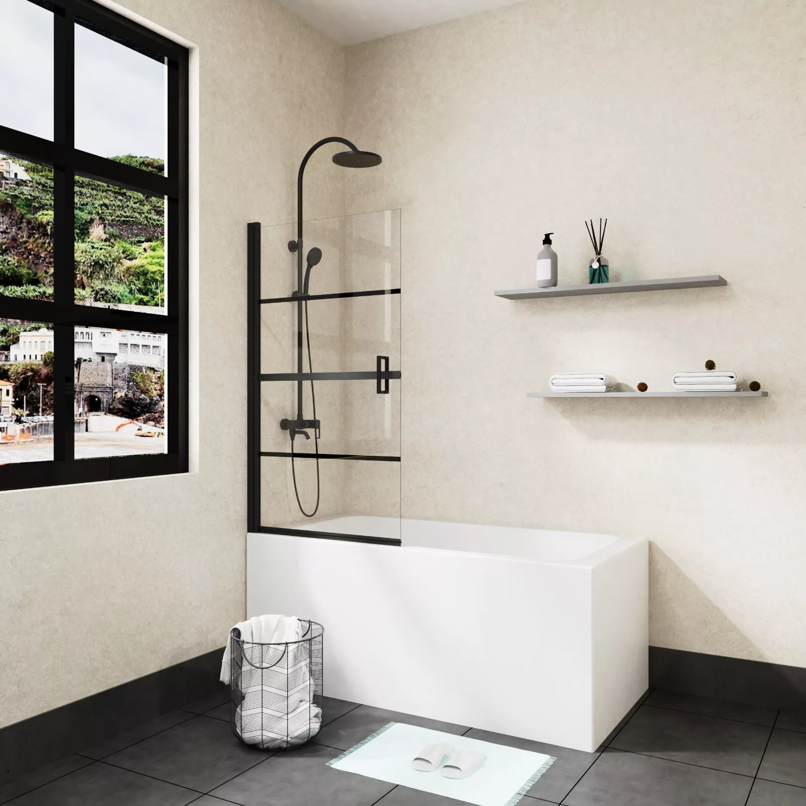 Goodyo 180 Pivot Black Bathtub Screen Panel Shower Door for Bathtub