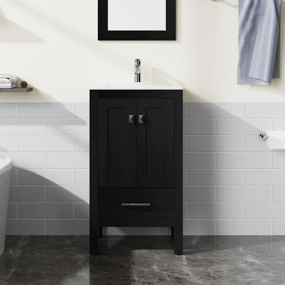 Goodyo 20 inch Bathroom Vanity Sink Combo, Black Bathroom Cabinet with White Sink Top, Black Water-Grain Ripple Pattern