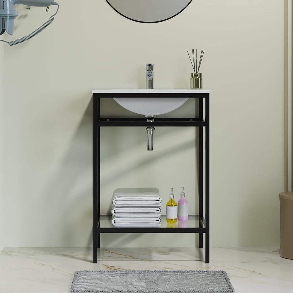 Goodyo 24" Bathroom Vanity with Single Drop in Sink, Modern Bathroom Cabinet and Sink Combo, Tempered Glass Open Shelf, Metal Frame, Black
