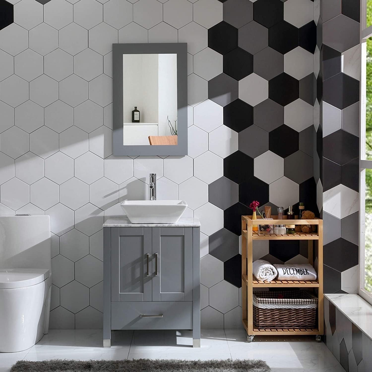 Goodyo 24"  Bathroom Vanity and Sink Combo Solid Wood Structure Marble Pattern Top Mirror, Faucet, Gray