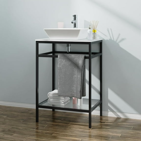 Goodyo 24" Modern Bathroom Vanity with Single Vessel Sink/Faucet, Tempered Glass Shelf, Matte Black Metal Frame