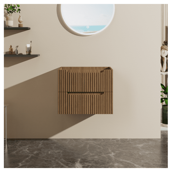 Goodyo 24" Wall Mount Bathroom Vanity Cabinet Floating, Walnut Finish, Modern Design with Soft Close Slides, Ample Storage, U-Shape Design for Floor Drain