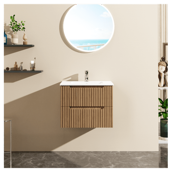 Goodyo 24" Wall-Mount Bathroom Vanity Cabinet with White Basin Sink Combo Floating, Walnut