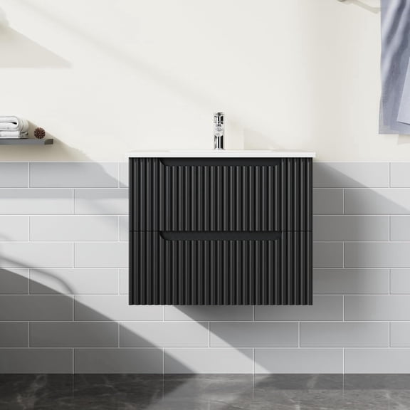 Goodyo 24" Wall Mounted Bathroom Vanity with Sink Floating Bathroom Cabinet Sink Combo, Soft-Close System, 2 Extra Big Drawers, Black