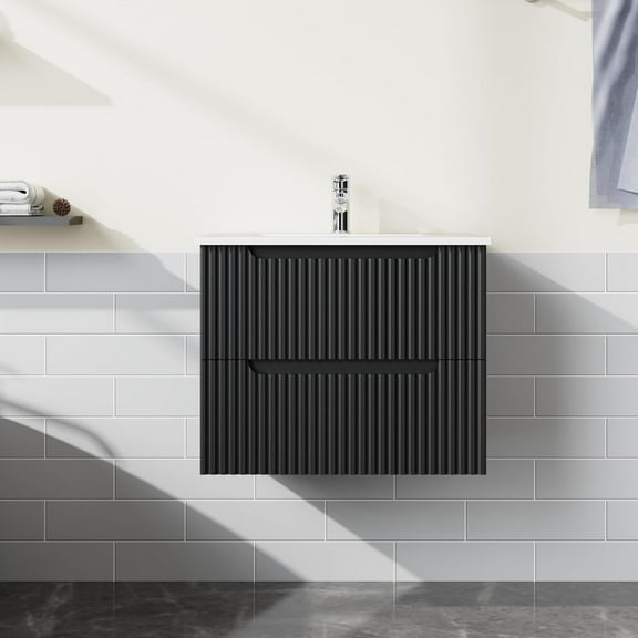 Goodyo 24" Wall Mounted Bathroom Vanity with Sink Floating Bathroom Cabinet Sink Combo, Soft-Close System, 2 Extra Big Drawers, Black