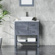 Goodyo 30" Gray Bathroom Vanity and Sink Combo Marble Pattern Top w/Mirror Faucet&Drain