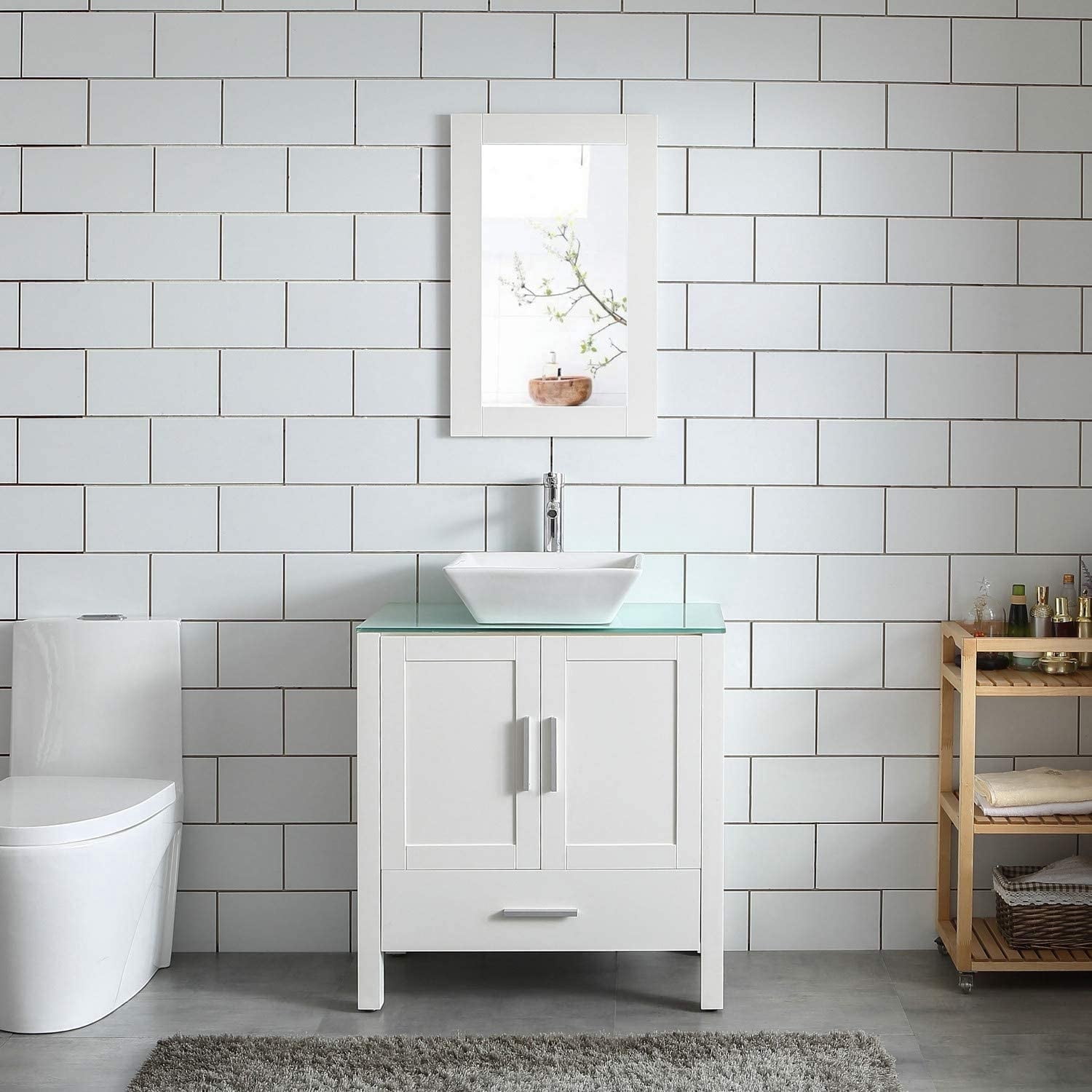 Goodyo 30" White Bathroom Vanity and Sink Combo MDF Wood Glass Top Heighten Cabinet w/Mirror Faucet and Drain