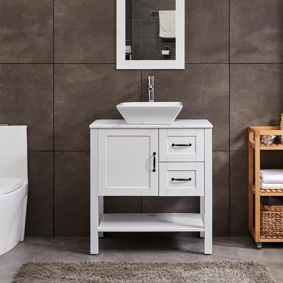 30 In Bathroom Vanity Set, Vintage Style, Ceramic Vessel Sink, MDF Cabinet, White