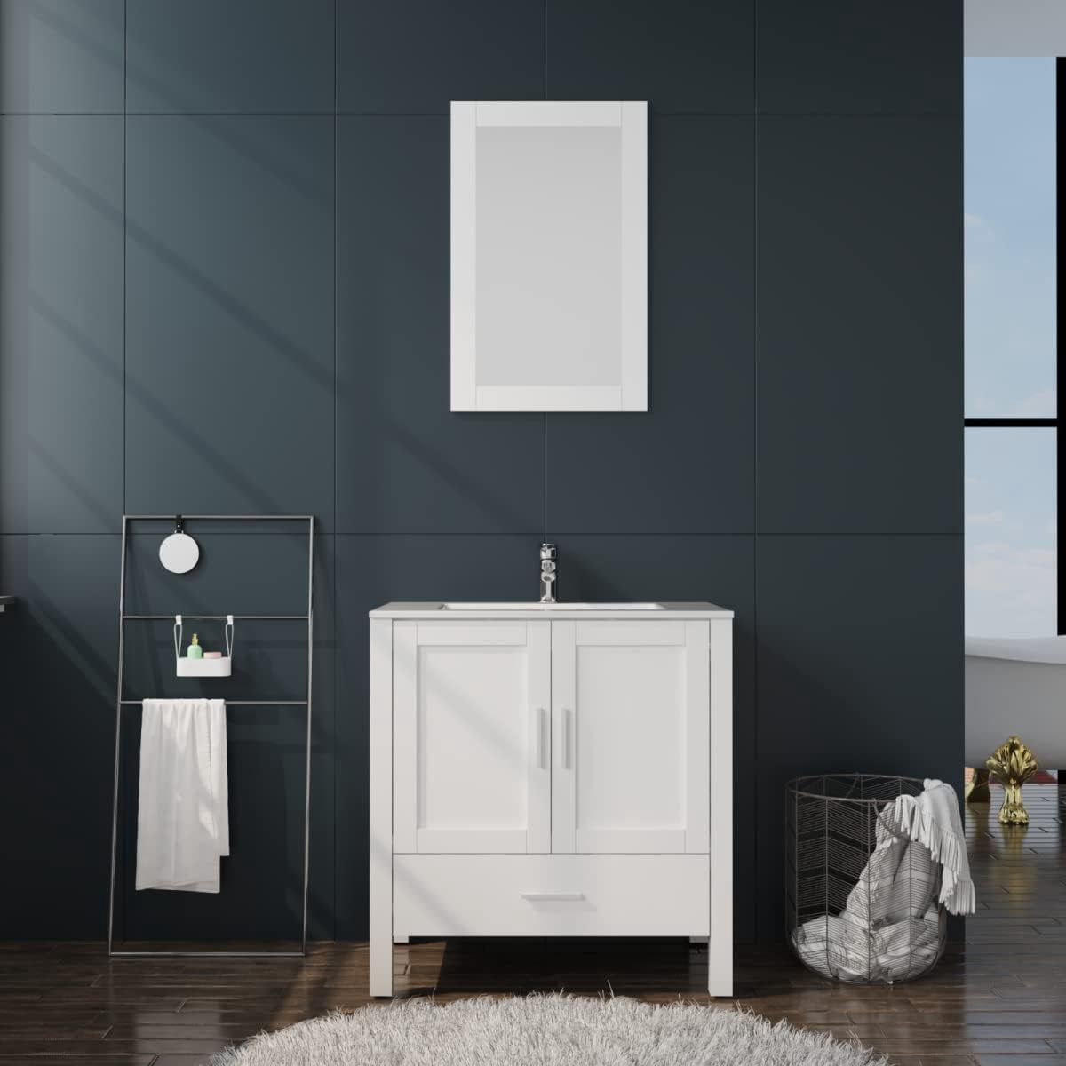 "Goodyo 30"" White Bathroom Vanity and Sink Combo with Mirror and Drain ...