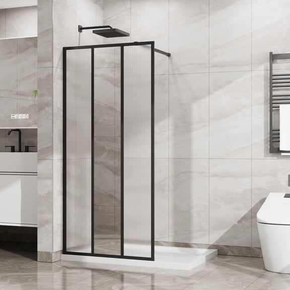 Goodyo 34" W x 72" H Fixed Shower Door, 3-Panel Design with Center Mirror & Fluted Pattern, 1/5 inch (5mm) Tempered Glass, Walk-in Shower Screen Panel Matte Black